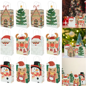 12Pcs Christmas Gift Bag With Handles 6 Designs Christmas Party Treat Bag Reusable Goody Candy Cookie Bags Cute Cartoon Santa Claus Gingerbread Man Gi