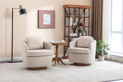 035-Linen Fabric Swivel Accent Chair With Soild Wood Round Brown Base Leg,Beige
