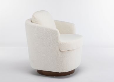 035-Boucle Fabric Swivel Accent Chair With Soild Wood Round Brown Base Leg,Ivory