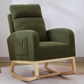 Modern Accent Rocking Chair Rocking Chair with Solid Wood Legs, Upholstered Nursery Glider Rocker, Comfy Armchair with Side Pocket (Color: Dark Green)